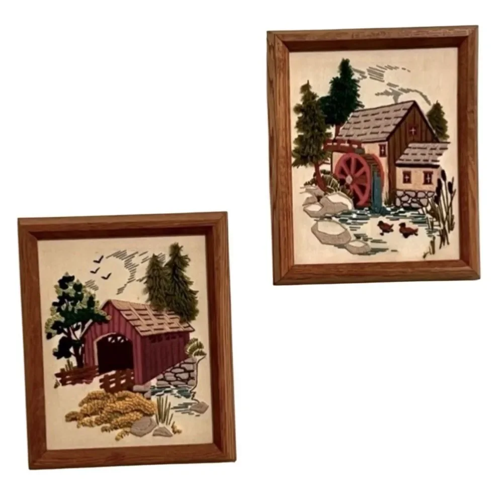 2 Set Pair 70s MCM Crewel Needlepoint Embroidered Tapestry Country Yarn Wall Art